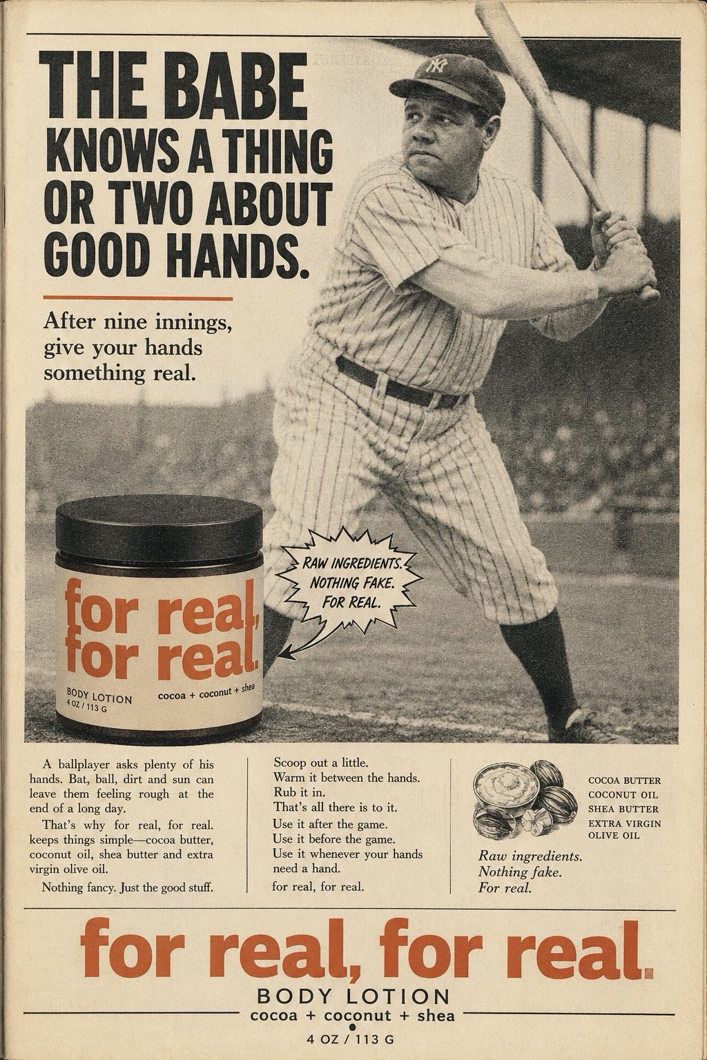 Fictional period print ad: 'The Babe knows a thing or two about good hands. After nine innings, give your hands something real.'