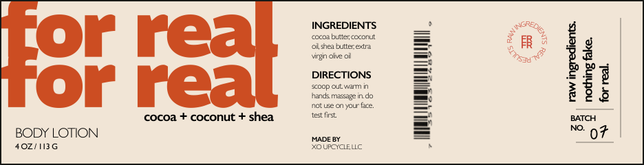 For Real, For Real. continuous wrap label: oversized identity, then ingredients, directions, made-by and batch, reading around the jar.