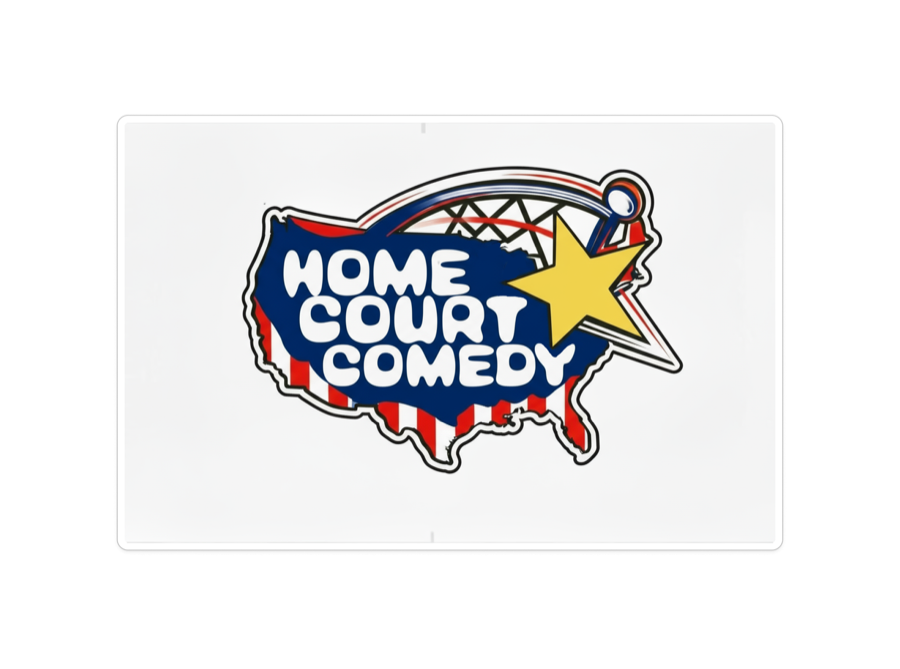 Homecourt Comedy logo, a US map with a basketball hoop and a gold star.